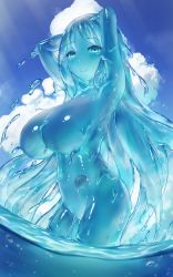 Rule 34 | 1girl, arms up, blue skin, breasts, closed mouth, colored skin, core, day, hekirake, highres, large breasts, long hair, monster girl, navel, no nipples, nude, original, outdoors, partially submerged, partially underwater shot, slime girl, smile, solo, standing, very long hair, water