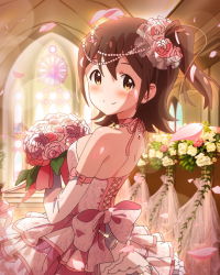 Rule 34 | 10s, 1girl, artist request, blush, bouquet, brown eyes, brown hair, choker, church, dress, elbow gloves, flower, from behind, gloves, hair flower, hair ornament, idolmaster, idolmaster million live!, jewelry, kasuga mirai, looking back, official art, one side up, petals, pink rose, ribbon, rose, smile, solo, wedding dress, white rose