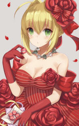 Rule 34 | 10s, 1girl, ahoge, bad id, bad pixiv id, bare shoulders, blonde hair, breasts, collarbone, detached sleeves, dress, elbow gloves, fate/extra, fate (series), gloves, green eyes, hair ribbon, highres, large breasts, nero claudius (fate), nero claudius (fate) (all), nero claudius (fate/extra), off-shoulder dress, off shoulder, official alternate costume, red dress, red gloves, ribbon, simple background, solo, striped clothes, striped dress, upper body, vertical-striped clothes, vertical-striped dress, yuzu-aki