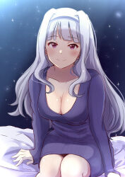 Rule 34 | 1girl, bed sheet, blush, breasts, cleavage, collarbone, commentary request, dress, feet out of frame, grey hair, highres, idolmaster, idolmaster (classic), idolmaster million live!, large breasts, long hair, long sleeves, looking at viewer, pink eyes, purple dress, scoop neck, shijou takane, sinobu0425, sitting, smile, solo, sweater, sweater dress, very long hair