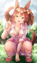 Rule 34 | 1girl, absurdres, animal ears, blush, breasts, brown hair, charm (object), cleavage, fang, fox mask, fox shadow puppet, green eyes, hair between eyes, hair ornament, hair ribbon, highres, horse ears, inari one (umamusume), jewelry, kyuupura, large breasts, looking at viewer, mask, mask on head, necklace, open mouth, ribbon, sitting, solo, umamusume