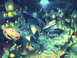Rule 34 | 1girl, between fingers, boots, bow, braid, character name, english text, female focus, fingerless gloves, flying, full moon, glint, gloves, hair bow, high heel boots, high heels, holding, holding knife, izayoi sakuya, knife, knives between fingers, maid, maid headdress, moon, orita enpitsu, petticoat, pocket watch, revision, scarlet devil mansion, scenery, shoes, short hair, solo, touhou, twin braids, watch, weapon