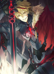 Rule 34 | 1boy, alter servant, alternate costume, armor, black armor, blonde hair, braid, breastplate, cape, cloak, commentary request, corruption, dark persona, evil smile, excalibur morgan (fate), fate/strange fake, fate (series), feet out of frame, fur cloak, fur trim, glowing, glowing sword, glowing weapon, long hair, long sleeves, looking at viewer, male focus, multicolored hair, pants, pauldrons, red cape, red hair, richard i (fate), shoulder armor, single braid, sitting, smile, solo, streaked hair, sword, tassel, teeth, teruyumi, torn, torn clothes, two-tone hair, vambraces, weapon, yellow eyes