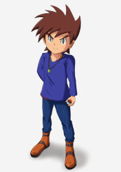 Rule 34 | 1boy, artist request, brown footwear, brown hair, creatures (company), full body, game freak, gary oak, holding, holding poke ball, jewelry, male focus, necklace, nintendo, poke ball, poke ball (basic), pokemon, pokemon (anime), pokemon (classic anime), shadow, simple background, smile, solo, standing, v-shaped eyebrows
