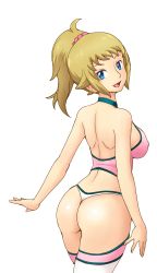 Rule 34 | 1girl, absurdres, ass, back, blue eyes, breasts, brown hair, gundam, gundam build fighters, gundam build fighters try, highres, hoshino fumina, large breasts, looking at viewer, looking back, open mouth, ponytail, sideboob, smile, solo, standing, thighhighs, thighs, thong, tof