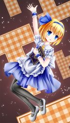 Rule 34 | 1girl, alice margatroid, alice margatroid (pc-98), arm up, ascot, black pantyhose, blonde hair, blue eyes, blush, book, frills, grimoire, hairband, highres, holding, holding book, mary janes, mechrailgun, open mouth, pantyhose, shoes, touhou, touhou (pc-98)