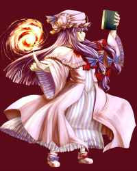 Rule 34 | 1girl, book, bow, female focus, fire, full body, hair bow, hat, highres, long hair, multiple hair bows, open book, patchouli knowledge, pointing, purple eyes, purple hair, reading, sakimori dan, simple background, smile, solo, striped, touhou