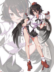 Rule 34 | 1girl, absurdres, bird wings, black hair, black skirt, black wings, blush, breasts, buttons, collared shirt, fang, feathered wings, frilled skirt, frills, gokuu (acoloredpencil), hat, highres, holding, holding newspaper, large breasts, looking at viewer, newspaper, open mouth, puffy short sleeves, puffy sleeves, red eyes, red footwear, red hat, shameimaru aya, shirt, shoes, short hair, short sleeves, skin fang, skirt, smile, socks, solo, tokin hat, touhou, white shirt, white socks, wings, zoom layer