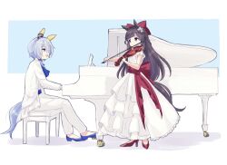Rule 34 | 2girls, animal ears, ascot, blue ascot, blue eyes, blue footwear, blue hair, bow, chair, commentary, daiichi ruby (umamusume), dress, drill hair, ear covers, from side, hair bow, high heels, highres, holding instrument, holding violin, horse ears, horse girl, horse tail, instrument, jacket, k.s.miracle (umamusume), light blue background, looking at another, multiple girls, music, pants, playing instrument, playing piano, purple eyes, red bow, red footwear, sangria (sangria69), short sleeves, simple background, sitting, smile, tail, two-tone background, umamusume, violin, white background, white dress, white jacket, white pants