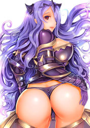 Rule 34 | 1girl, armor, ass, breasts, cameltoe, camilla (fire emblem), curly hair, fire emblem, fire emblem fates, from behind, gloves, hair over one eye, hand on own ass, huge breasts, long hair, looking back, nintendo, open mouth, purple gloves, purple hair, red eyes, simple background, solo, teruru, thong, very long hair, wavy hair, wedgie, white background