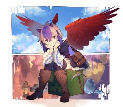 Rule 34 | 1girl, bag, bird wings, black dress, black thighhighs, blue hair, boots, brown eyes, brown footwear, commentary request, creeper, dress, eho (icbm), feathered wings, full body, gem, head rest, head wings, highres, horns, lantern, leaning forward, long sleeves, looking at viewer, minecraft, multicolored hair, parted lips, pickaxe, pointy ears, short hair, shoulder bag, silver hair, sitting, smile, solo, thighhighs, tokiko (touhou), touhou, two-tone hair, wide sleeves, wings