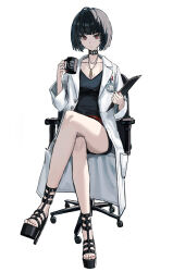 Rule 34 | 1girl, black footwear, black hair, breasts, chair, cleavage, clipboard, crossed legs, cup, high heels, highres, jewelry, lab coat, mug, office chair, pendant, persona, persona 5, purple z, red eyes, short hair, sitting, skull, small breasts, solo, studded choker, swivel chair, takemi tae, white background