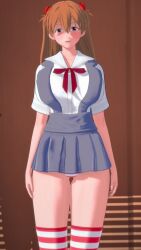 Rule 34 | 1girl, 3d, alternate breast size, artist request, blue eyes, blush, breasts, brown hair, expressionless, female focus, hair bobbles, hair ornament, highres, hypnosis, interface headset, large breasts, long hair, looking at viewer, mind control, miniskirt, neon genesis evangelion, panties, school uniform, shiny skin, simple background, skirt, solo, souryuu asuka langley, standing, striped clothes, striped panties, striped thighhighs, suspender skirt, suspenders, thighhighs, tokyo-3 middle school uniform, twintails, underwear, very long hair, wide hips