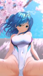 Rule 34 | 1girl, aigami shion, blue eyes, blue hair, blurry, blurry background, breasts, cherry blossoms, commentary request, competition swimsuit, covered navel, cowboy shot, garter-velvet, highres, long hair, looking at viewer, medium breasts, multicolored clothes, multicolored swimsuit, one-piece swimsuit, original, sitting, solo, spread legs, swimsuit, two side up, white one-piece swimsuit