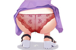 Rule 34 | ass, ass focus, from behind, highres, lace, meoko, original, panties, purple shirt, pussy juice, pussy juice drip through clothes, pussy juice puddle, red panties, shadow, shirt, shoes, squatting, underwear, white background