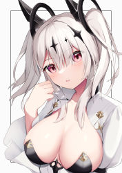Rule 34 | 1girl, azur lane, black horns, breasts, cleavage, collarbone, grey background, highres, horns, humo, joffre (azur lane), large breasts, long sleeves, looking at viewer, medium hair, pink eyes, shirt, solo, twintails, upper body, white hair, white shirt