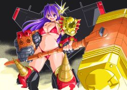 Rule 34 | 1girl, athena (series), bikini, breasts, cleavage, hammer, highres, large breasts, legs, long hair, navel, open mouth, princess athena, purple eyes, purple hair, red bikini, smile, snk, solo, swimsuit, thighs, weapon