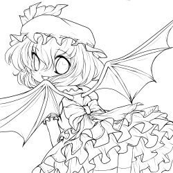Rule 34 | 1girl, absurdres, bat wings, bird, bow, cross, dress, fangs, female focus, from behind, greyscale, hat, highres, lineart, looking at viewer, monochrome, open mouth, remilia scarlet, ribbon, smile, solo, touhou, transparent background, wings, yume shokunin