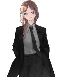 Rule 34 | 1girl, bang dream!, bang dream! it&#039;s mygo!!!!!, black coat, black necktie, black pants, blue eyes, blush, braid, brown hair, chainsaw man, coat, collared shirt, commentary request, cosplay, cowboy shot, formal, grey shirt, hands in pockets, highres, long hair, long sleeves, looking at viewer, makima (chainsaw man), makima (chainsaw man) (cosplay), mocaraneru, nagasaki soyo, necktie, open clothes, open coat, open mouth, pants, parted bangs, shirt, simple background, single braid, smile, solo, suit, variant set, white background