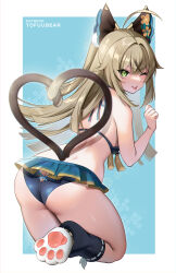 Rule 34 | 1girl, ahoge, ass, back, bikini, commentary, english commentary, from behind, genshin impact, green eyes, hair ornament, heart, heart tail, highres, kirara (genshin impact), light brown hair, long hair, looking at viewer, looking back, one eye closed, solo, swimsuit, tail, thick thighs, thighs, tofuubear
