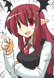 Rule 34 | &gt;:d, 1girl, :d, ^^^, bat wings, blush stickers, breasts, dress shirt, fig sign, gesture, goma (gomasamune), head wings, koakuma, long hair, long sleeves, looking at viewer, necktie, open mouth, pointy ears, red eyes, red hair, red necktie, shirt, simple background, smile, solo, touhou, v-shaped eyebrows, vest, white background, wings