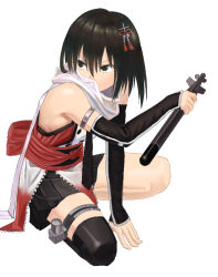 Rule 34 | 1girl, back bow, bare shoulders, black eyes, black hair, black skirt, black thighhighs, bow, commentary request, covered mouth, detached sleeves, from side, hair ornament, holding, holding torpedo, kantai collection, leg strap, looking to the side, obi, on one knee, pleated skirt, red bow, ringed eyes, sash, scarf, sendai (kancolle), sendai kai ni (kancolle), short hair, simple background, single thighhigh, skirt, solo, tassel, thigh strap, thighhighs, torpedo, wasabi60, white background, white scarf