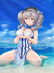 Rule 34 | 10s, 1girl, adapted costume, barefoot, beret, blue eyes, body blush, breasts, cleavage, cloud, day, hat, highres, holding, kantai collection, kashima (kancolle), kneeling, large breasts, lawson, long hair, looking at viewer, miyabi (miyabi r18), partially submerged, pelvic curtain, shiny skin, silver hair, sky, sleeveless, smile, solo, striped, sunlight, twintails, vertical stripes, water