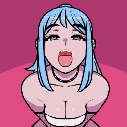 Rule 34 | 1girl, akairiot, animated, bare shoulders, blue hair, blush, bouncing breasts, breasts, breasts squeezed together, breathing, choker, cleavage, collarbone, commentary, drooling, ear piercing, fishnet gloves, fishnets, from above, gloves, highres, iru may (akairiot), long hair, looking at viewer, medium breasts, open mouth, oral invitation, original, piercing, ponytail, purple eyes, saliva, sidelocks, simple background, solo, strapless, symbol-only commentary, thick eyebrows, tongue, tongue out, tube top, ugoira, upper body, v arms