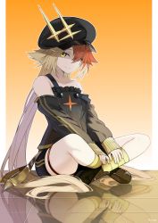 Rule 34 | 1girl, alchemy stars, armor, bare shoulders, black footwear, black hat, black jacket, black shorts, blonde hair, boots, breastplate, closed mouth, full body, gronru (alchemy stars), hair between eyes, hat, highres, indian style, jacket, long hair, long sleeves, looking at viewer, multicolored hair, off shoulder, peaked cap, red hair, reflection, shorts, sitting, smile, solo, su (septyanss), twintails, twitter username, two-tone hair, very long hair, yellow eyes