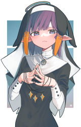 Rule 34 | a:n (angrynum), alternate costume, black dress, black nails, blush, dress, eyebrows hidden by hair, frown, habit, halo, head tilt, highres, hololive, hololive english, jewelry, looking at viewer, mole, mole under eye, nail polish, necklace, ninomae ina&#039;nis, nun, own hands together, pointy ears, purple eyes, purple hair, short hair, upper body, virtual youtuber