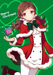 1girl box brown_eyes brown_footwear brown_hair capelet dress fur-trimmed_capelet fur-trimmed_dress fur-trimmed_sleeves fur_trim gift gift_box green_background green_neckwear hair_bobbles hair_ornament idolmaster idolmaster_million_live! kitazawa_shiho leg_up long_hair long_sleeves looking_to_the_side merry_christmas pantyhose plaid_clothes plaid_neckwear red_capelet short_dress solo sparkle standing standing_on_one_leg touon twintails white_pantyhose