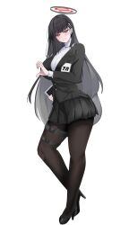 Rule 34 | 1girl, belt, black footwear, black hair, black pantyhose, black skirt, blazer, blue archive, blunt bangs, commentary, full body, hair ornament, hairclip, halo, heart, heart hands, high heels, highres, id card, jacket, lengkuass, long hair, long sleeves, looking at viewer, pantyhose, pleated skirt, red eyes, rio (blue archive), sidelocks, simple background, skirt, smile, solo, standing, standing on one leg, sweater, thigh belt, thigh strap, turtleneck, turtleneck sweater, white background, white sweater