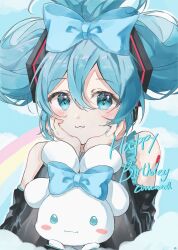 Rule 34 | 1girl, :3, absurdres, bare shoulders, black sleeves, blue bow, blue eyes, blue hair, blush, bow, cinnamiku, cinnamoroll, closed mouth, detached sleeves, double bun, frilled shirt, frills, grey shirt, hair between eyes, hair bow, hair bun, hair ornament, hands on own cheeks, hands on own face, happy birthday, hatsune miku, headphones, highres, kuten 1111, long sleeves, looking at viewer, number tattoo, rabbit, sanrio, shirt, short hair, sidelocks, sleeveless, sleeveless shirt, smile, solo, straight-on, tattoo, updo, vocaloid