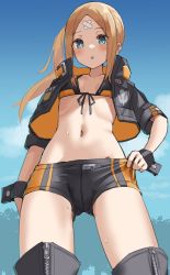 Rule 34 | 1girl, abigail williams (fate), absurdres, bikini, bikini top only, blonde hair, blue eyes, blush, breasts, fate/grand order, fate (series), forehead, highres, kopaka (karda nui), long hair, long sleeves, looking at viewer, navel, open mouth, parted bangs, short shorts, shorts, small breasts, solo, swimsuit