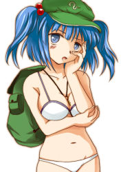 Rule 34 | 1girl, backpack, bad id, bad pixiv id, bag, between breasts, bikini, blue eyes, blue hair, breast lift, breasts, crossed arms, female focus, hair bobbles, hair ornament, hand on own face, hat, jewelry, kawashiro nitori, key, long hair, matching hair/eyes, medium breasts, navel, necklace, randoseru, shima (pixiv), solo, swimsuit, touhou, twintails, two side up, white bikini