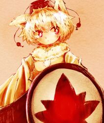Rule 34 | 1girl, animal ears, brown background, detached sleeves, hat, inubashiri momiji, mokumoku22, pom pom (clothes), red eyes, ribbon-trimmed sleeves, ribbon trim, shield, short hair, solo, tail, tokin hat, touhou, upper body, white hair, wolf ears, wolf girl, wolf tail