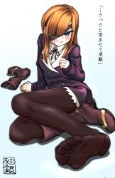 Rule 34 | 1girl, black pantyhose, blue eyes, blush, boots, breasts, brown hair, eyepatch, fate/grand order, fate (series), feet, foot focus, highres, knee boots, long hair, looking at viewer, ophelia phamrsolone, pantyhose, shoes, single shoe, sitting, sleeves past wrists, soles, solo, thighhighs, toes, translated, unworn boot, unworn boots, yuzu gin (pika97)