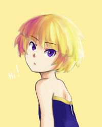 Rule 34 | 1girl, bare shoulders, blonde hair, bob cut, dress, eirene (oniro), english text, eyebrows, highres, looking at viewer, oniro, original, pas (paxiti), purple eyes, short hair, simple background, solo, strapless, strapless dress, text focus, upper body, yellow background, yellow theme