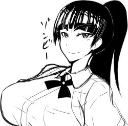 Rule 34 | 1girl, ajura (kiiroi kaiten mokuba), blunt bangs, bolo tie, breasts, commentary, ebino mei, greyscale, hatsukoi zombie, large breasts, long hair, looking at viewer, monochrome, ponytail, simple background, smile, solo, suspenders, thick eyebrows, translated, upper body, white background, wing collar