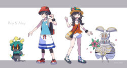 Rule 34 | 1boy, 1girl, bag, banned artist, black hair, blue shirt, bracelet, braid, character name, clenched hand, closed mouth, commentary request, creatures (company), elio (pokemon), flower, game freak, gen 7 pokemon, hand up, hat, hat flower, highres, holding, holding poke ball, jewelry, legendary pokemon, leggings, magearna, marshadow, mythical pokemon, nin (nin 0088), nintendo, orange shirt, poke ball, poke ball (basic), pokemon, pokemon (creature), pokemon usum, red footwear, red headwear, selene (pokemon), shirt, shoes, short hair, shorts, shoulder bag, sleeveless, sleeveless shirt, smile, standing, twin braids, white shorts, z-ring