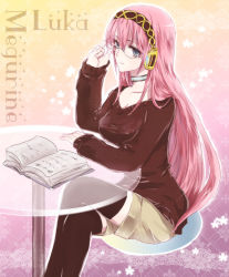 Rule 34 | 1girl, adjusting eyewear, bad id, bad pixiv id, bespectacled, blue eyes, book, casual, glasses, headphones, crossed legs, long hair, megurine luka, outlaw, pink hair, shorts, sitting, smile, solo, sweater, thighhighs, unabara misumi, vocaloid