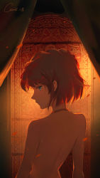 Rule 34 | 1girl, arch, artist name, back, back focus, blue eyes, blurry, bob cut, chain necklace, curtains, depth of field, falling petals, from behind, haibara ai, highres, jewelry, looking at viewer, looking back, meitantei conan, motion blur, necklace, nude, petals, profile, short hair, solo, topless, upper body, xiaoruo