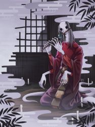 Rule 34 | 1other, candle, colored skin, extra arms, facing viewer, flute, fog, grey skin, highres, holding, holding instrument, hollow eyes, instrument, kneeling, long fingers, lowstrear, mist noble (sekiro), music, no humans, playing instrument, robe, sekiro, sekiro: shadows die twice, signature, silhouette, tentacles, white skin