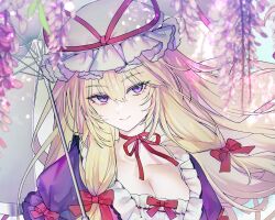 Rule 34 | 1girl, blonde hair, bow, breasts, choker, cleavage, closed mouth, commentary, hat, hat ribbon, here (hr rz ggg), highres, holding, holding umbrella, long hair, looking at viewer, mob cap, purple eyes, purple shirt, red bow, red ribbon, ribbon, ribbon choker, shirt, smile, solo, touhou, umbrella, upper body, very long hair, white hat, yakumo yukari