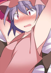 Rule 34 | 1girl, armpits, arms up, bad id, bad pixiv id, bat wings, blush, chemise, commentary request, embarrassed, hammer (sunset beach), hat, light purple hair, narrowed eyes, open mouth, pink eyes, remilia scarlet, short hair, solo, touhou, upper body, wings