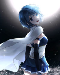 Rule 34 | 1girl, :d, arm strap, black sleeves, blue eyes, blue hair, blue skirt, breasts, cape, cowboy shot, detached sleeves, from side, hair between eyes, head tilt, highres, long sleeves, looking at viewer, mahou shoujo madoka magica, mahou shoujo madoka magica (anime), miki sayaka, miniskirt, open mouth, paran (paran b), pleated skirt, shaft look, short hair, skirt, small breasts, smile, snowflakes, solo, tears, white cape
