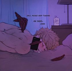 Rule 34 | 1boy, bed, blonde hair, boku no hero academia, bottle, commentary, drooling, english commentary, english text, closed eyes, feathered wings, feathers, from side, hawks (boku no hero academia), highres, implied fingering, keva (liltkeva), lamp, lower teeth only, lubrication, lying, male focus, messy hair, on stomach, phone, pillow, short hair, solo, sweat, teeth, wings