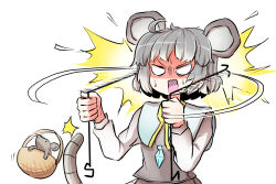 Rule 34 | 1girl, animal ears, basket, blue capelet, capelet, commentary request, crystal, dowsing rod, grey hair, grey skirt, grey vest, highres, jewelry, long sleeves, mouse (animal), mouse ears, mouse girl, mouse tail, nazrin, nervous sweating, pendant, peroponesosu., shirt, short hair, simple background, skirt, skirt set, sweat, tail, touhou, vest, white background, white shirt