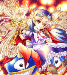 Rule 34 | 1girl, apron, bag, blonde hair, blue hat, bow, cape, curly hair, dress, fang, gloves, goggles, goggles on head, hat, long hair, lowres, marivel armitage, pemoko, pointy ears, red eyes, ribbon, sample watermark, shoes, smile, solo, watermark, wild arms, wild arms 2