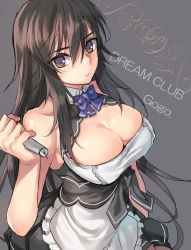 Rule 34 | 1girl, apron, bare shoulders, blue bow, blue bowtie, bow, bowtie, breasts, brown eyes, brown hair, cleavage, cleavage cutout, clothing cutout, copyright name, dream c club, dream c club (series), dream c club gogo., female focus, large breasts, long hair, looking at viewer, maid, microphone, miyabi (dream c club gogo.), parted lips, skirt, solo, tenkuu sphere